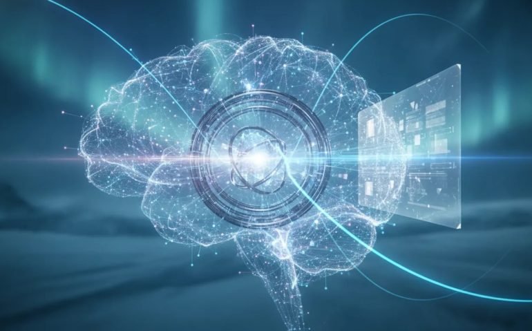 Futuristic holographic illustration showing an AI internal workspace concept with glowing nodes and connections, cinematic tech-magazine style, no text.