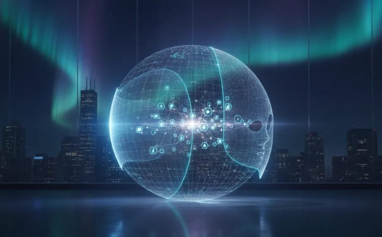 Futuristic holographic depiction of AI interpretability showing internal reasoning workspace and connected concept clusters without any text.