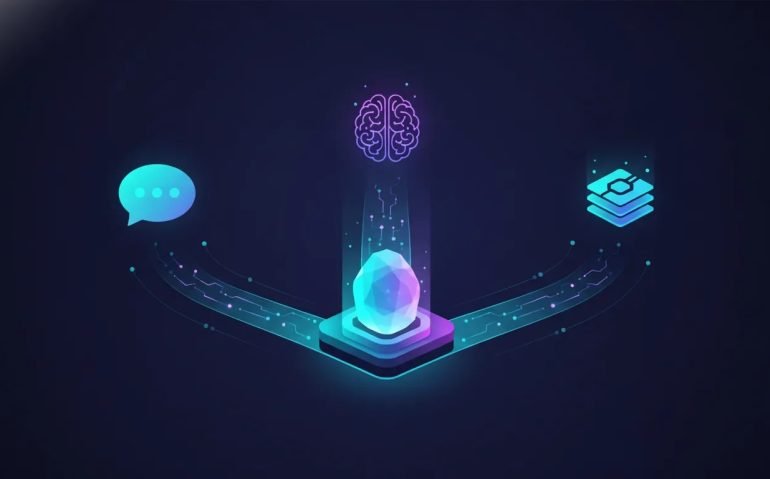 Illustration of a custom AI model router routing requests through a central hub to multiple AI model endpoints with glowing data pathways.