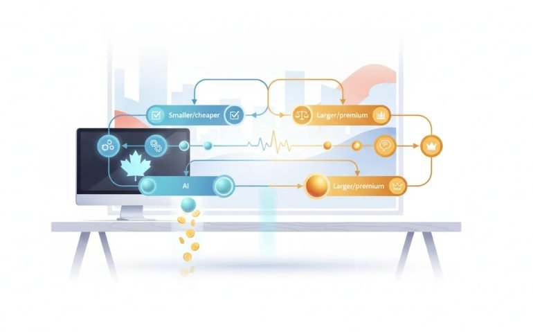 Abstract illustration of AI model routing showing cheaper models handling routine tasks and premium models handling high-judgment work with a cost-saving visual effect