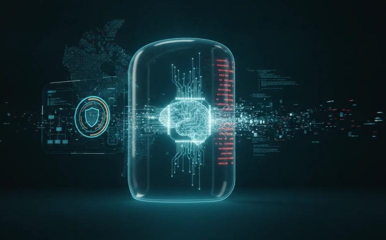 Futuristic AI core being contained by a security shield, representing the impact of a major AI model shutdown on security and software governance.