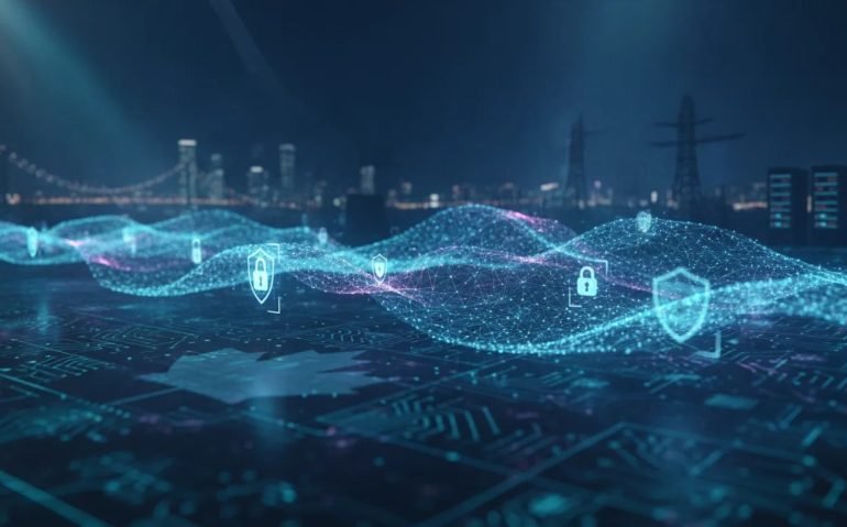 Abstract neural wave representing the next AI model era flowing through Canadian cybersecurity infrastructure with holographic shields and secure network locks