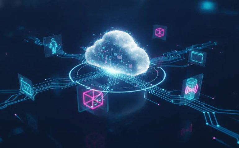 Futuristic cloud computing scene symbolizing Claude Fable 5 and a supercomputer running AI apps, agents, games, and servers continuously, with continuous looping motion effects and holographic tech icons.