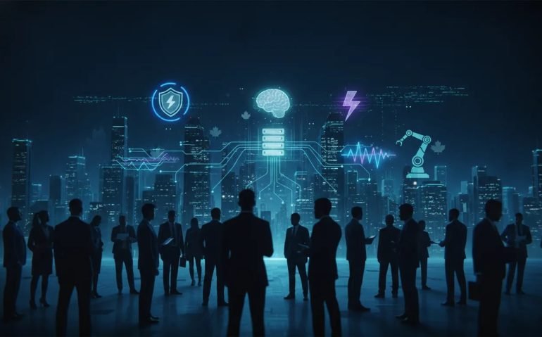 Abstract AI news hero image showing interconnected security, fast decision, multimodal data streams, robotics, and infrastructure elements over a Canadian-themed digital cityscape, with no text.
