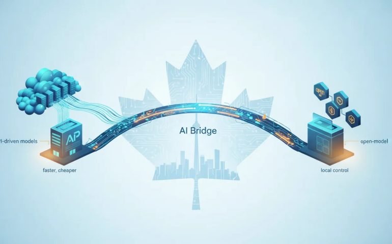 Wordless illustration of cloud APIs and local AI models connected by a glowing data bridge, with a subtle maple-leaf circuit pattern representing Canadian business AI choices.