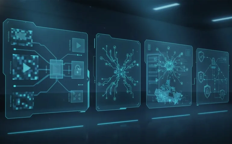 Futuristic editorial illustration of AI systems for enterprise readiness, featuring holographic video upscaling, evolving agent networks, verification motifs, and secure server infrastructure without any text.