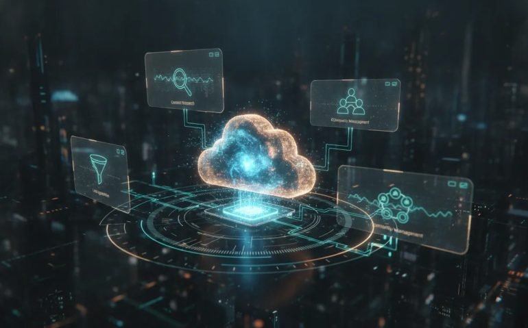 Futuristic holographic cloud computer core with linked automation modules representing 24/7 AI operations for business tasks, shown with flowing light connections and circuit effects.