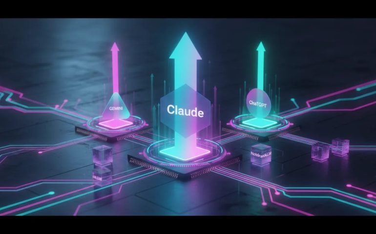 Futuristic holographic illustration showing interconnected AI systems and upgrade energy flowing across a glowing circuit network.