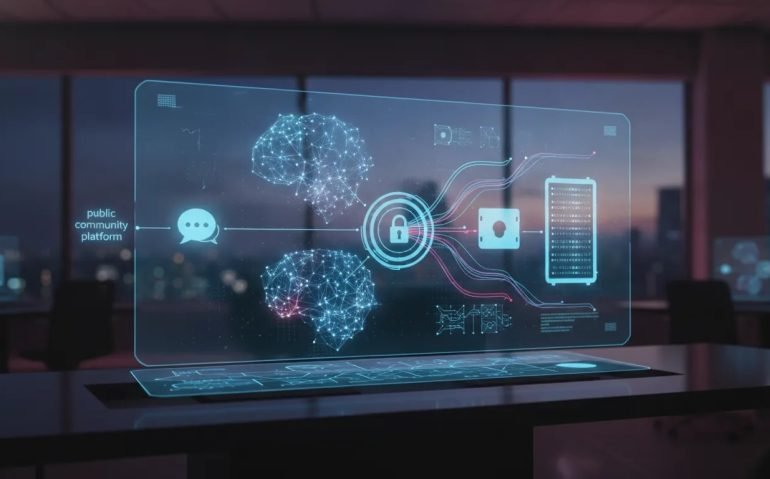 Futuristic holographic network showing AI agents and glowing connections from a public platform to a secure vault, symbolizing AI-powered cybersecurity risk and vulnerability testing