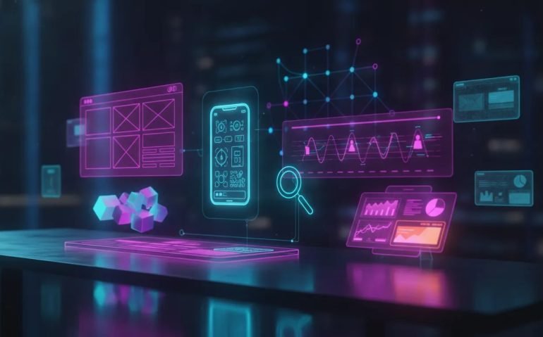 Neon futuristic illustration of an AI-powered design workflow transforming modular holographic elements into website, mobile app, diagrams, and pitch deck styles with no text.