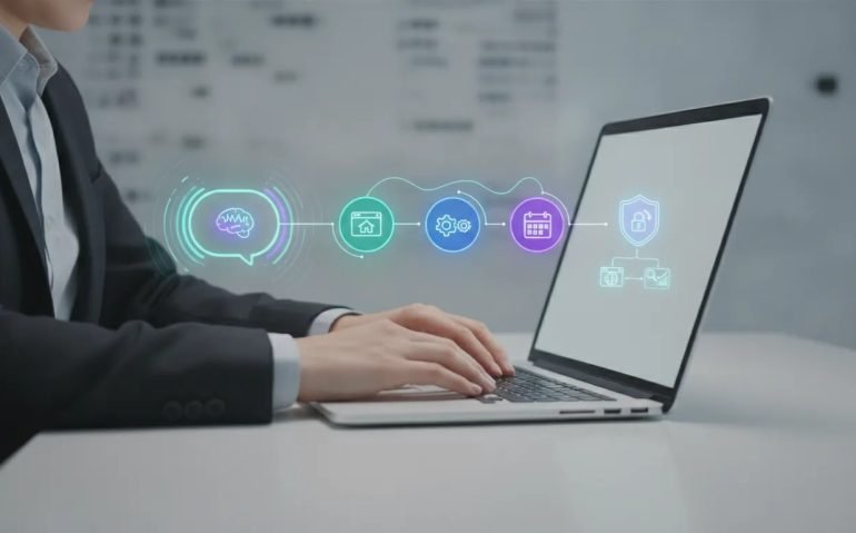 Illustration of an AI prompt workflow showing how to build a no-code business website with booking and secure payments.