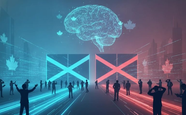 Editorial illustration showing an AI hologram with a split barrier suggesting hidden access restrictions and backlash from developers and businesses, without any text.