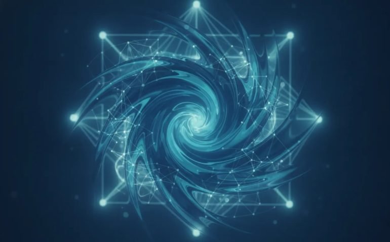 Abstract cinematic illustration of an AI discovery guiding a swirling fluid flow toward an ordered solution, symbolizing breakthroughs in fluid dynamics and mathematics without any text.