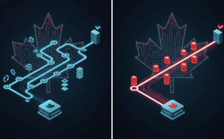 Wordless illustration showing AI tokens moving through two model pipelines, where a cheaper option requires more steps and time than a higher-priced one to reach a production-ready result, with subtle Canadian tech cues.