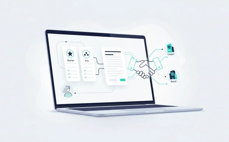 Abstract illustration of a small creator using an AI-powered estimate and organized sponsorship package to connect with a brand, shown through clean panels, flowing connection lines, and a handshake.