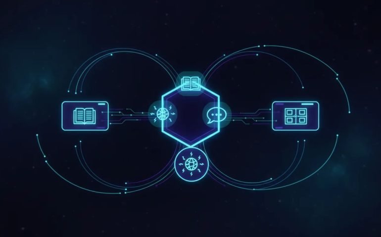 Futuristic illustration showing AI tools and documents connected to automation and app prototype workflows using glowing icons and circuitry, with no text.