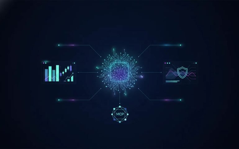 Illustration of an AI trading assistant connected to portfolio analytics, live market data, and risk/order workflows via server and network connections, with abstract stock and options visuals and no text.