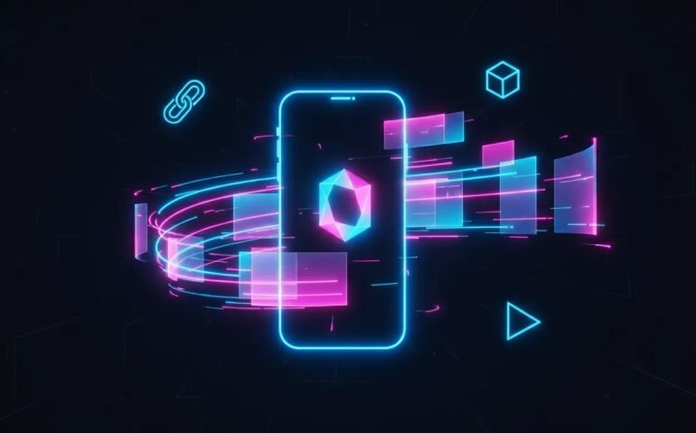 Futuristic illustration of an AI system turning a product link on a smartphone into a scroll-stopping video ad using glowing motion effects