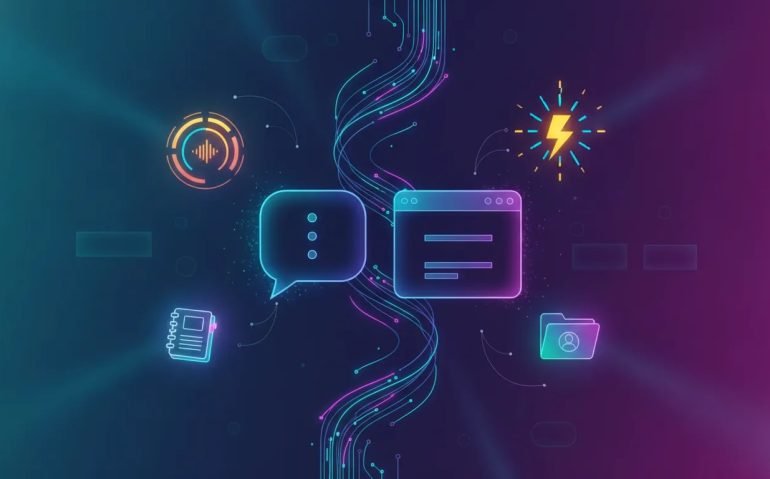 Futuristic illustration of two AI assistants connected by glowing holographic circuits, with visual cues for voice, notebook, and browser automation—no text.