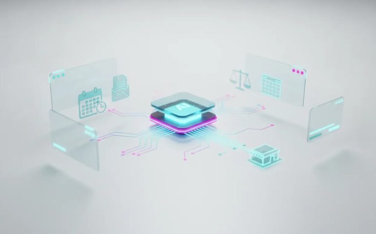 Futuristic illustration of AI upgrades powering small business automation with connected workflow nodes, document creation, and workflow handoffs