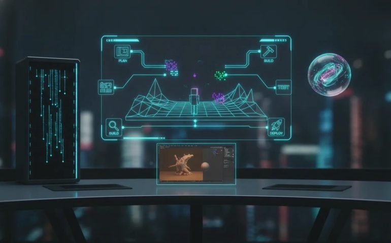 Futuristic holographic interface showing an AI building pipeline for 3D games, apps, server deployment, and an always-on agent concept with no text.