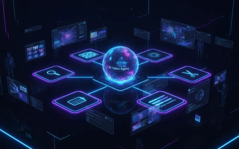 Futuristic illustration of an AI video agent workflow in a single connected workspace, showing planning, storyboard, asset generation, video assembly, and editing in a unified visual system with no text.
