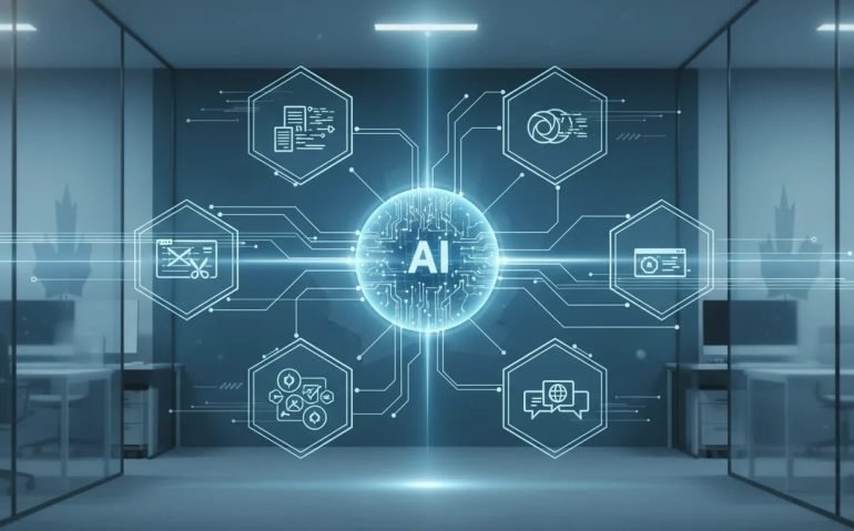 Illustration of an AI core connecting multiple video production stages to show faster, consistent AI video creation for Canadian tech content teams