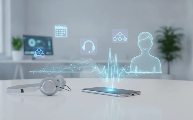 Futuristic office scene showing a smartphone and headset with glowing AI voice waveforms and holographic scheduling and support icons representing an AI phone agent