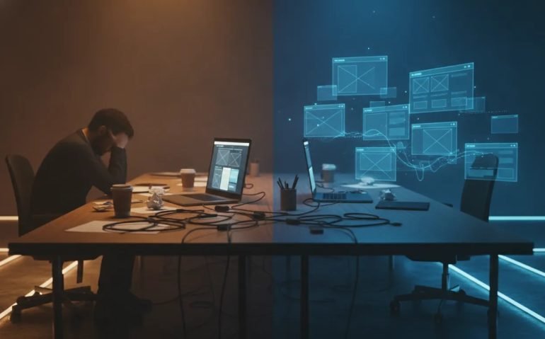 Split-scene concept of traditional manual website building versus AI rapidly assembling a modern service business website.