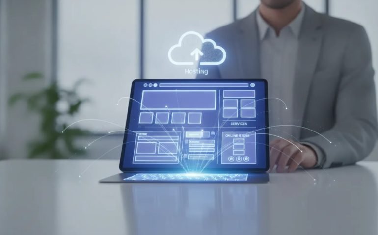 Illustration of a person using an AI website builder on a laptop, generating a live website layout with cloud hosting cues and no-code visual metaphors