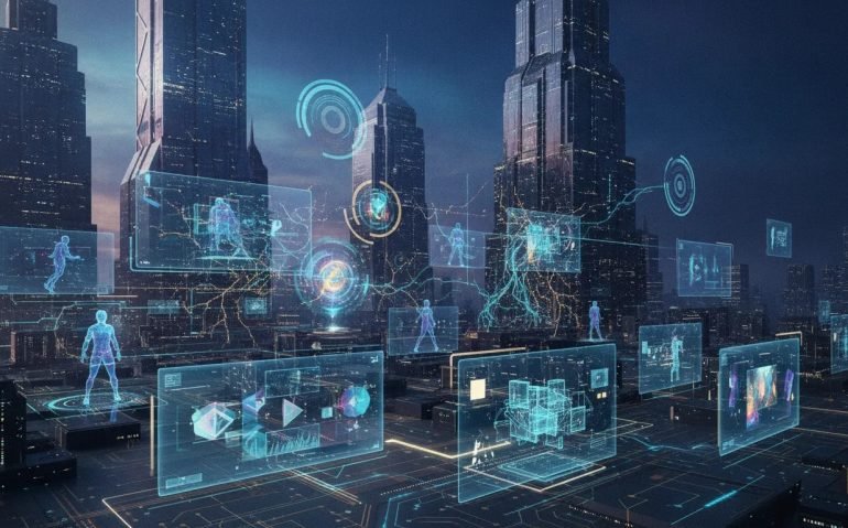 Futuristic holographic city scene showing connected AI breakthroughs across video, multimodal agents, and real-time computing—no text.