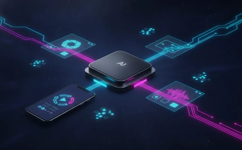 Neon tech illustration showing an AI hub generating and remixing short viral videos with connected workflow nodes on a smartphone screen, no text.