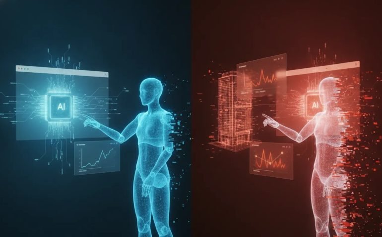 Futuristic illustration of an AI core building a browser-style operating system workflow with split visuals showing smooth capability on one side and slow, glitchy performance on the other, including subtle 3D modeling elements.