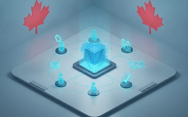 Illustration of a connected AI workforce with multiple holographic agents collaborating around a central hub, symbolizing research, organization, review, and automated execution.