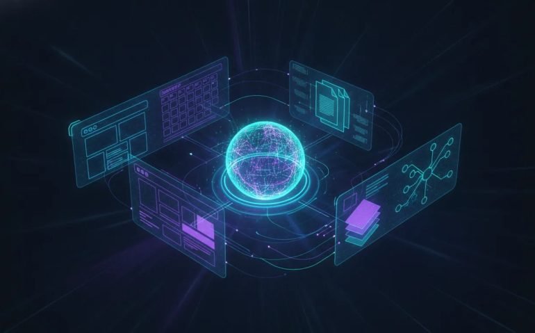 Futuristic holographic hub showing an all-in-one AI agent connecting website, content plan, research, pitch deck, and automation modules.