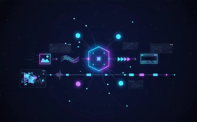 Futuristic all-in-one AI studio concept showing a central hub that turns an image into video, ads, and multi-scene story clips with orbiting model nodes and a connected editing timeline, no text.