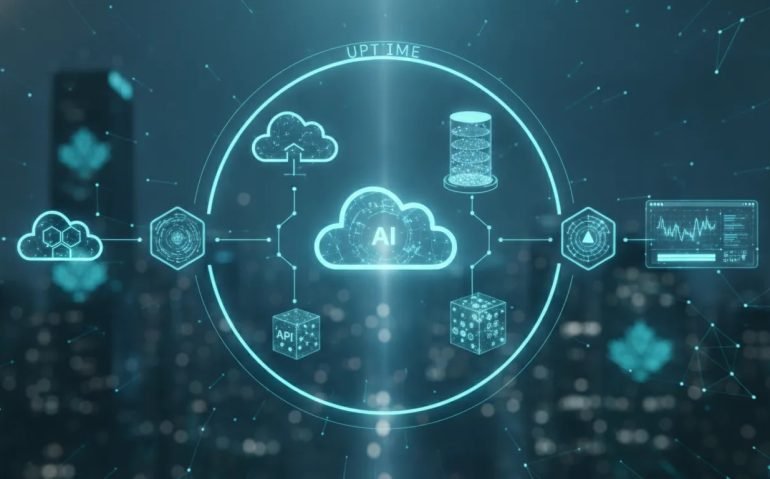 Glowing always-on AI infrastructure concept showing an abstract prompt flowing through cloud servers, secure access, databases, and a live deployment dashboard to represent persistent, hosted products