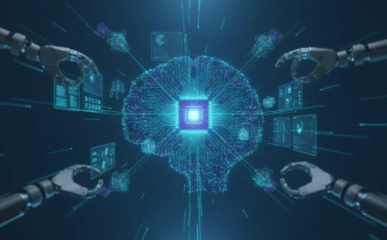Futuristic illustration of interconnected AI networks showing automated AI research progress, with smaller model nodes collaborating toward a central intelligence core