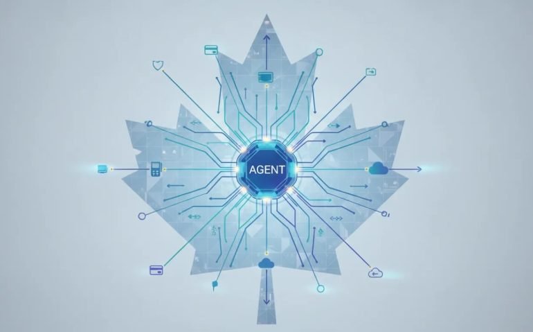 Futuristic illustration showing an autonomous AI agent network powering cloud operations and payments with glowing connected nodes and a subtle Canadian maple-leaf pattern, without any text.