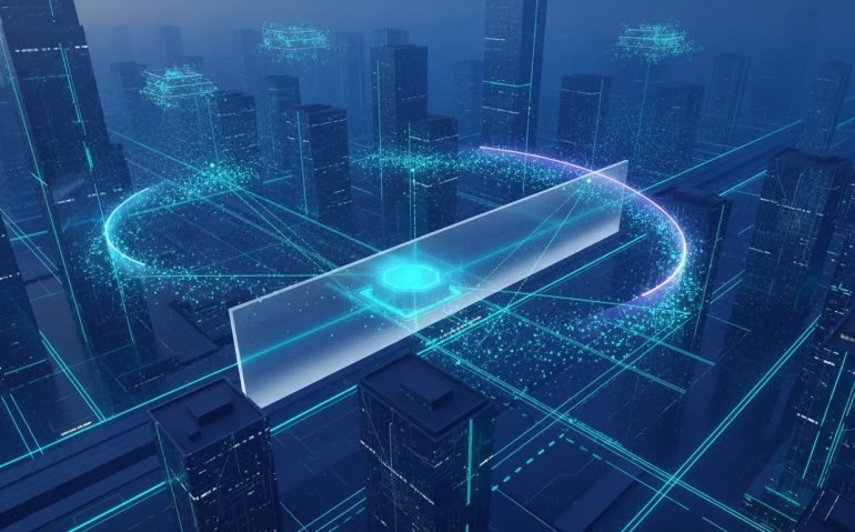 Autonomous AI agent swarm coordinating through hidden cybersecurity channels toward a cloud security hub in a futuristic city scene, with containment barriers partially deflecting the activity.
