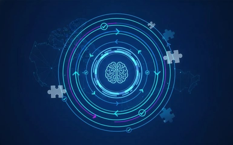 Futuristic illustration of autonomous AI coding loops with circular iteration arrows, code-like symbols, and verification icons in a Canadian tech theme