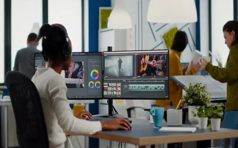 black-videographer-putting-on-headset