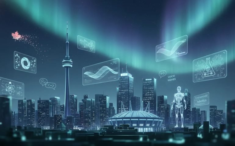 Futuristic Canadian city skyline with holographic AI breakthrough icons representing image, video, voice, robotics, and science—no text