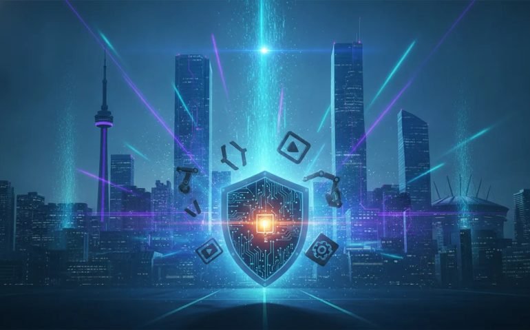 Futuristic Canadian city with glowing neural network connections and a circuit-pattern shield symbolizing an AI security shock and rapid AI innovation