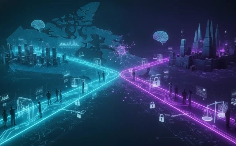 Futuristic illustration of Canada at a crossroads for frontier AI access, showing glowing network paths split between open and gated systems with lock motifs, circuit patterns, and abstract neural networks.
