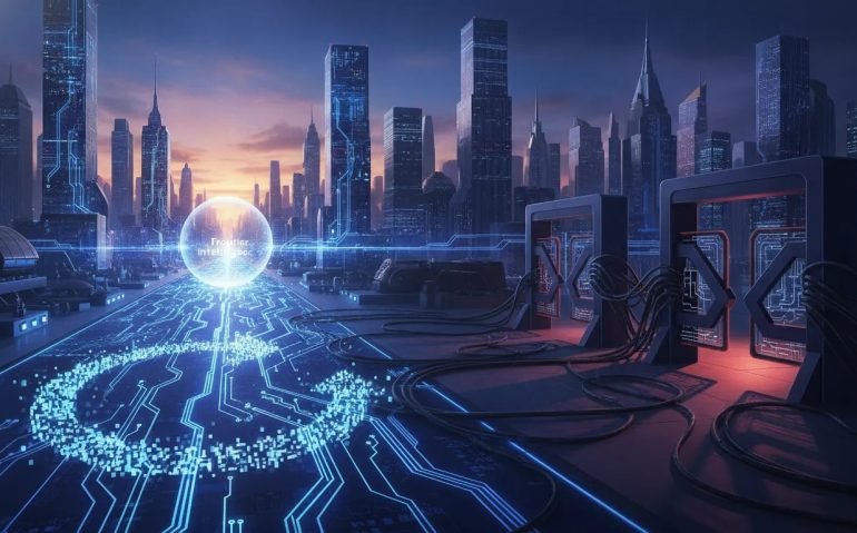 Cinematic illustration of AI access inequality in Canada, with glowing open network pathways contrasted against restricted, locked nodes and a returning pixelated circuit loop.