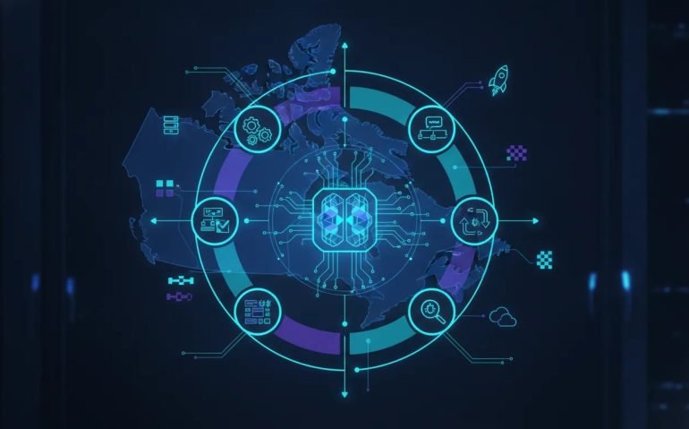Illustration of an AI-driven coding workflow loop across Canada with interconnected cloud, automation, and modular development nodes, showing scalable scalable agent-based processes without any text.