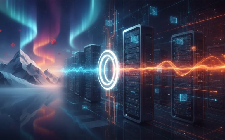 Futuristic Canadian tech scene showing AI compute networks and server capacity converging at a crossroads, with dynamic data flow and balanced rival streams.