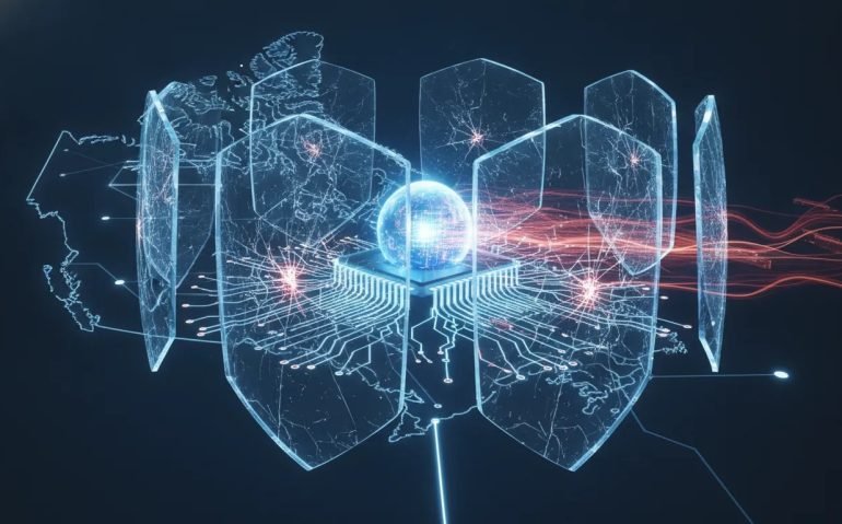Futuristic Canadian tech illustration showing an AI core with cracked security shields and red warning light symbolizing jailbreak risk and governance challenges, with no text.