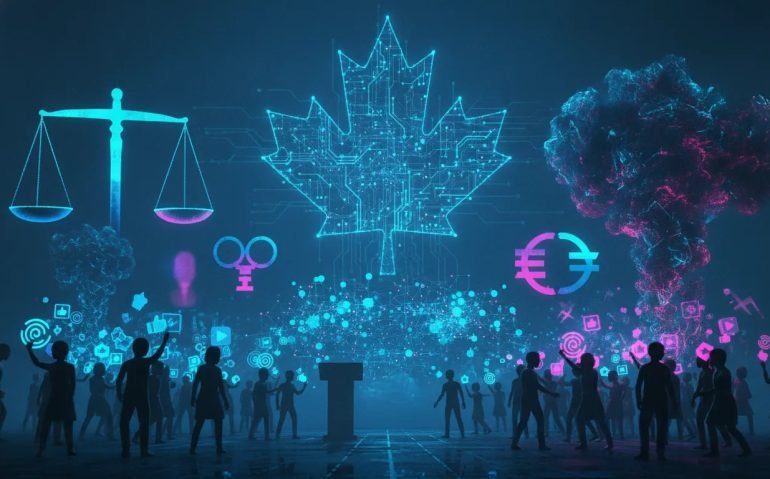 Editorial illustration showing AI safety panic as a glowing social-media cloud over a Canadian tech network, with abstract media, political influence, and a balance scale representing scrutiny.